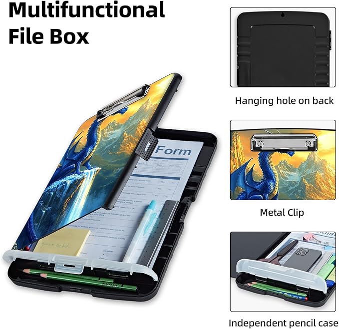 Clipboard with Storage Box & Pen Holder,Heavy Duty Clip Boards 8.5x11 for Nursing,High Capacity,School & Office Supplies,Blue Dragon Majesty