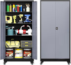 Metal Garage Cabinet with Wheels, Tall Storage Cabinet with 4 Adjustable Shelves and 2 Doors, Lockable Tool Cabinet for Garage Home Office,Gym,School (Black-Gray)