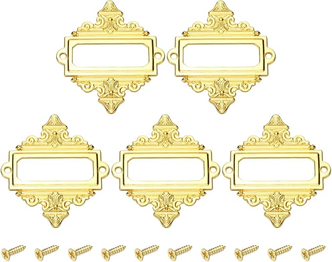 uxcell 5 Pcs Metal Label Holder, 2.2 x 2.4 Inch Small Vintage Card Frame Tag Floral Lace Label Holder with Screws for File Boxes Drawers Door Cabinet Book Shelves, Gold Tone