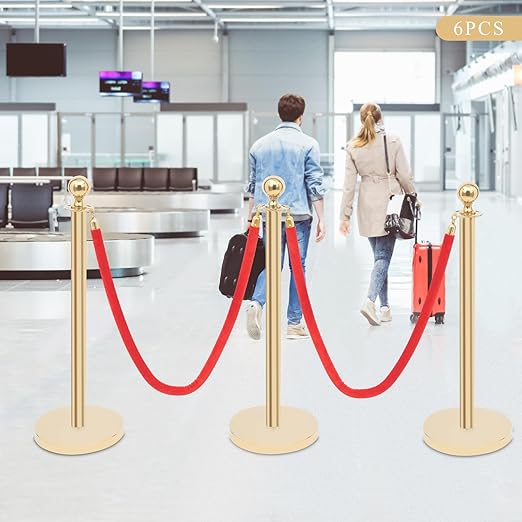 6-Post Velvet Rope Stanchions with 4 Red Ropes, Gold Stainless Steel Posts for Crowd Control with Velvet Ropes and Velvet Ropes Event & Queue Management,Party Runway Carpet