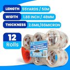 TAPEBEAR Packing Tape with Dispenser, 2.7mil Thick, 1.88" x 55yd Storage Packaging Tape 12 Rolls Heavy Duty Tape Refills Clear Adhesive Box Tape Long Lasting for Sealing, Moving, Shipping