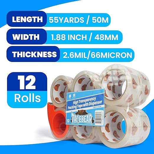 TAPEBEAR Packing Tape with Dispenser, 2.7mil Thick, 1.88" x 55yd Storage Packaging Tape 12 Rolls Heavy Duty Tape Refills Clear Adhesive Box Tape Long Lasting for Sealing, Moving, Shipping