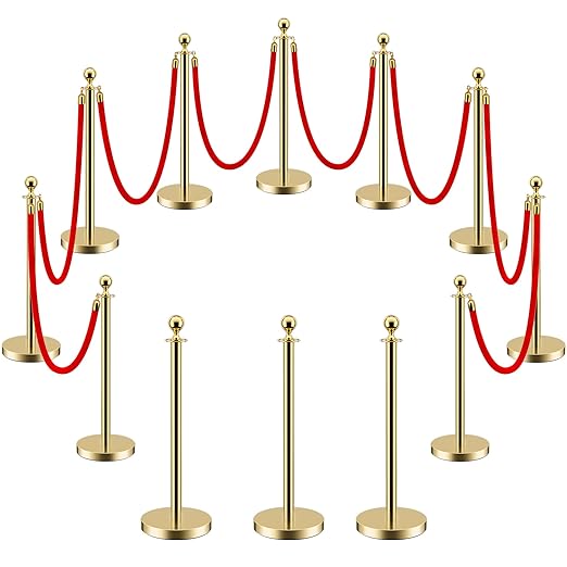 LOVMOR 12Pcs Gold Stanchion Posts Queue with 8pcs Red Velvet Rope, Crowd Control Barriers Queue Line Rope, Crowd Control Stanchion for Party Supplies