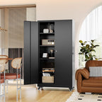 Metal Rolling Storage Cabinet-74.6” Tall Steel File Cabinets with Wheels Lockable Doors and Adjustable Shelves-Black Steel Storage Cabinet for Home, School, Office, Garage