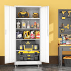 INTERGREAT Metal Storage Cabinet with Wheels, 73" H Rolling Metal Cabinets with Doors and Shelves, White Steel Lockable Cabinet on Wheels for Garage Storage