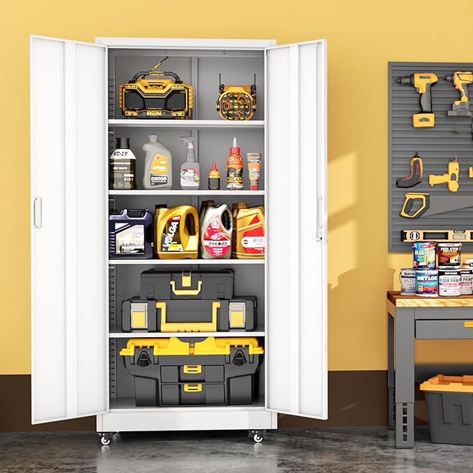 INTERGREAT Metal Storage Cabinet with Wheels, 73" H Rolling Metal Cabinets with Doors and Shelves, White Steel Lockable Cabinet on Wheels for Garage Storage