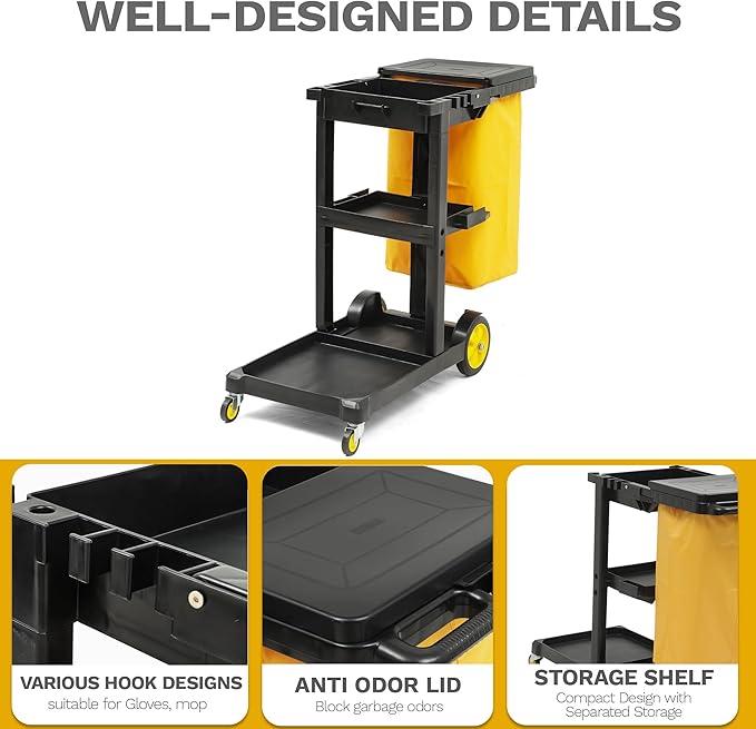 DWVO Janitorial Cart on Wheels, Cleaning Carts, Housekeeping Carts, 3 Shelf Commercial Traditional Plastic Janitor Cart, with 2 Yellow 25 Gallon Vinyl Bag & Rubber Gloves for Restaurant Hotel Home