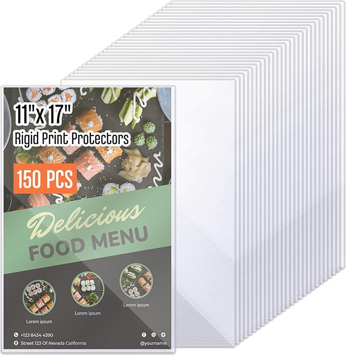 Henoyso 150 Pcs 11" x 17" Rigid Print Protectors, Heavy Duty Hard Plastic Sheet Page Protectors Crystal Menu Holder Clear Poster Sleeve Top Loading Frame for Magazine Photo Paper Poster Prints