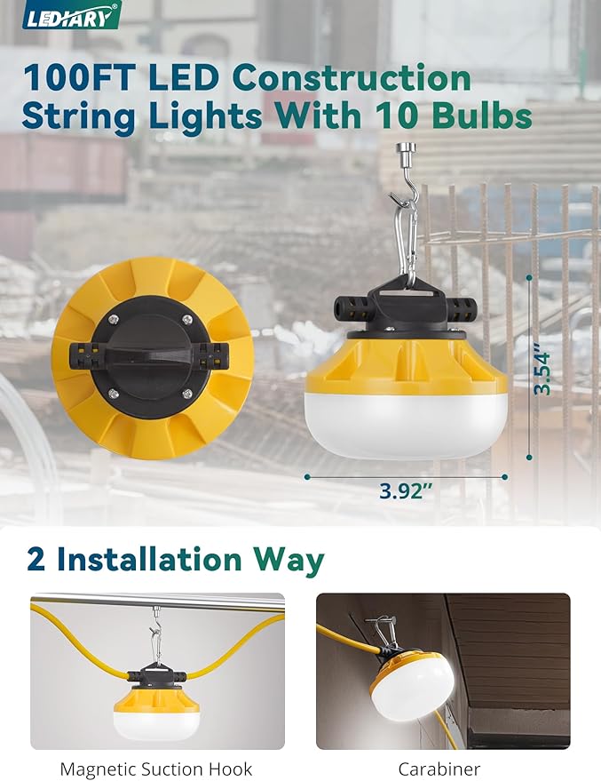 LEDIARY 100FT LED Construction String Lights, 100W 10000LM String Work Light, Linkable Temporary Lighting for Jobsite, Patio, Indoor, Outdoor-ETL Listed