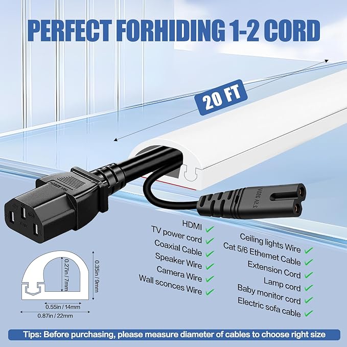 Floor Cable Cover, Low Profile Cable Hider for Wires, Self Adhesive Cord Hider for Wall, Cord Covers Wall Mounted Tv, for Offices, Gym, Exhibitions (White, 20 Feet)