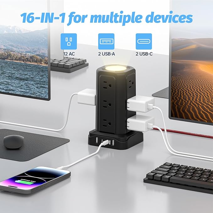 PASSUS Power Strips with Surge Protection, Flat Plug Power Strip with 12 Outlets 4 USB Ports, Charging Tower 1625W/13A 6FT Braided Extension Cord with Multiple Outlets Office Supplies Dorm Essentials