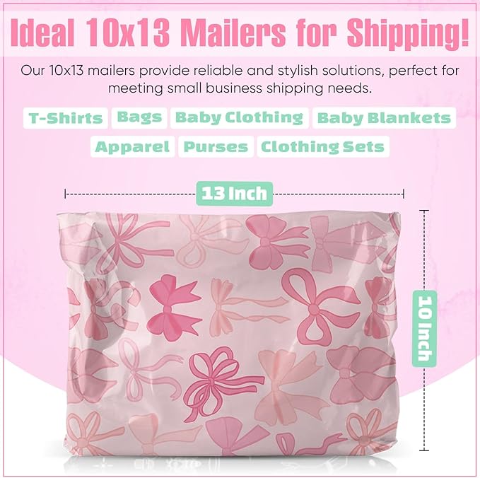 10x13 Poly Mailers – Coquette Bows Design – Waterproof, Tear-Resistant Shipping Bags with Adhesive Seal – 100 Pack – Package Mint
