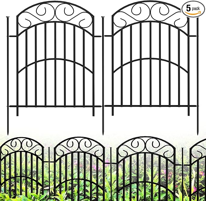 5 Panels 32in(H) Decorative Garden Fence, Total 11ft L Heavy Duty Iron Metal No Dig Animal Barrier Fence, Garden Border Fencing, Temporary Dog Fencing Outdoor for Yard