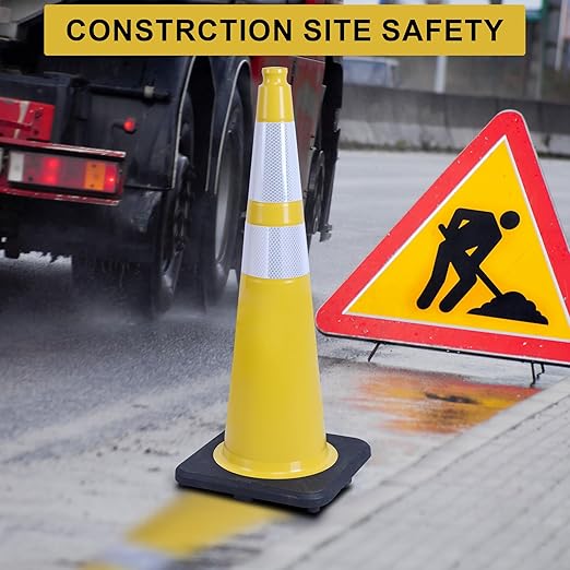 OrangeStar 6-Pack 36" Yellow Traffic Cones with Weighted Rubber Base, 2 Reflective Collars, Large Safety Cones for Parking Lot, Road Construction, Warehouse, Highway, Weatherproof PVC
