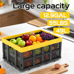 49L Collapsible Crate, Milk Crate for Storage, Foldable Storage Crate, Stackable Crate for Organizing for Home, Shopping, Camping, School, Office, Warehouse, Yellow