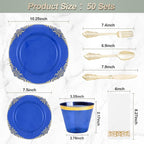 350PCS Clear Blue Plastic Plates for 50 Guests, Disposable Plates with Gold Trim include 50 Dinner and Dessert Plates, 150 Gold Silverware, 50 Cups, 50 Napkins for Party, Wedding & Graduation