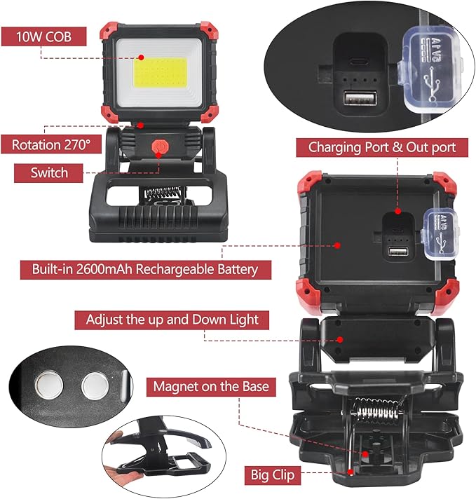LED Rechargeable Work Light with Clamp, 2100LM Super Bright COB Magnetic Work Light with 3 Light Modes, 270° & 180° Rotation, Waterproof, Perfect for BBQ, Jobsite, Workshop, Car Repairing