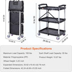 VEVOR Foldable Utility Service Cart, 165LBS 3 Shelf Heavy Duty Plastic Rolling Cart with 360° Swivel Wheels (2 with Brakes), Ergonomic Handle, Portable Garage Tool Cart for Warehouse Office Home