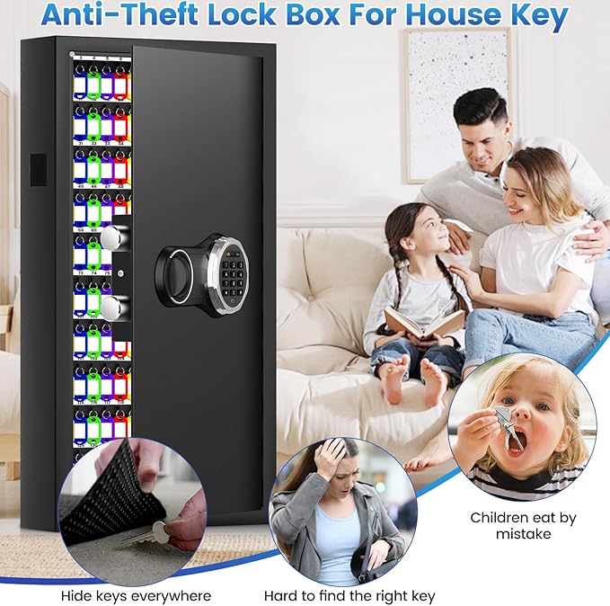 254 Keys Digital Key Lock Box Wall Mount with Code, Heavy Duty Anti-Theft Key Lock Box with Side Drop Slot and Colorful Key Tags for Car Garage House Rental Office