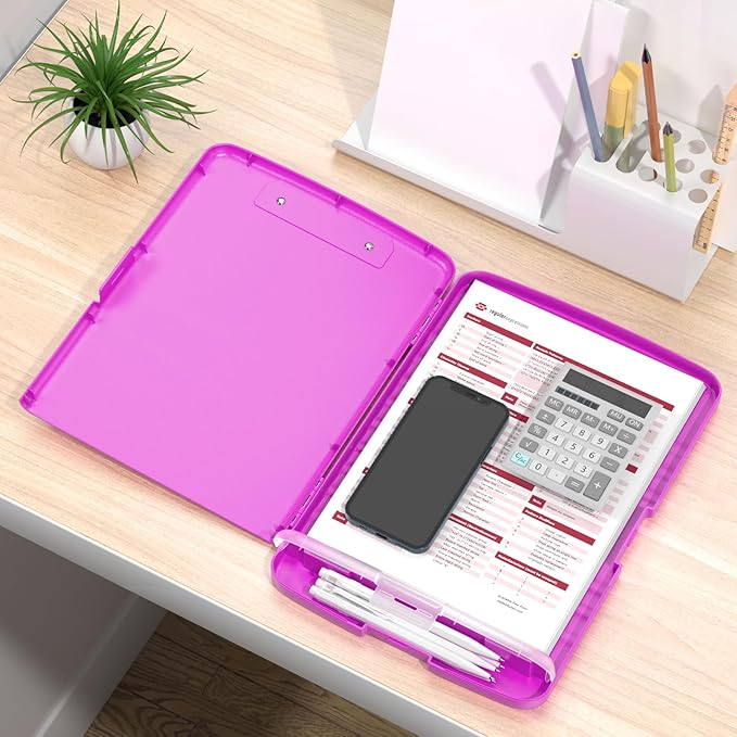 Rimilak Plastic Clipboard with Storage, 8.5 x 11 High Capacity Folio Nursing Case with Pen Holder, Size 14.2 x 9.6 x 1.2″ Folder Side-Opening for Classroom, Teacher, Smooth Writing, Magenta