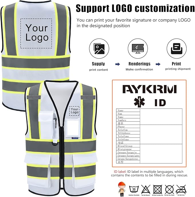 AYKRM 11 color High Vis Reflective Safety Vest for Women Men Security Pocket Zipper