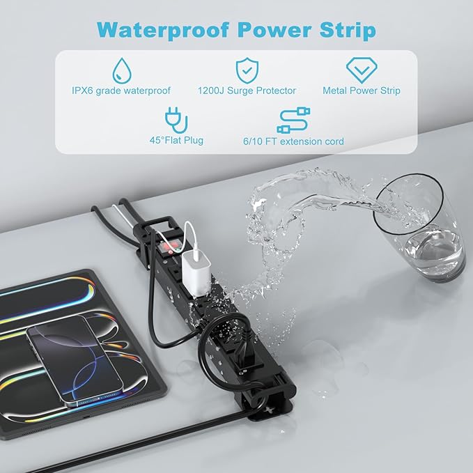 IPX6 Outdoor Power Strip Weatherproof,6 Outlet Metal Surge Protector Wall Mountable for Camping,Garden & Home,Heavy Duty 10FT ETL Certified Waterproof Extension Cord