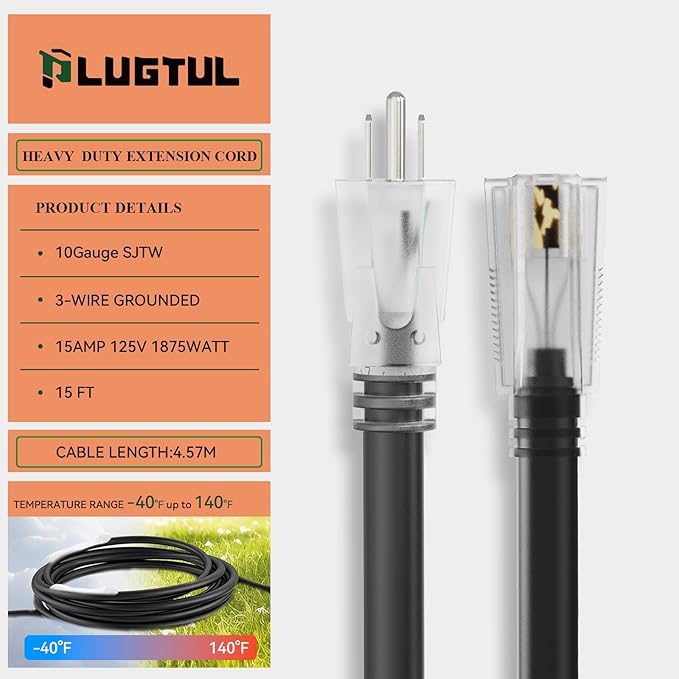 PLUGTUL 10 Gauge Extension Cord 15FT, Black Outdoor Extension Cord with Lighted End, Heavy Duty, 15A 1875W SJTW, ETL Listed