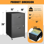 2 Drawer Mobile File Cabinet with Lock, Metal Filing Cabinets with Wheels, Black Rolling Storage Cabinet, Under Desk Vertical File Cabinet for Home Office, Lockable Steel Two Drawer for Letter Size