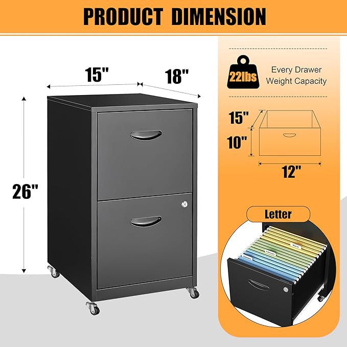 2 Drawer Mobile File Cabinet with Lock, Metal Filing Cabinets with Wheels, Black Rolling Storage Cabinet, Under Desk Vertical File Cabinet for Home Office, Lockable Steel Two Drawer for Letter Size