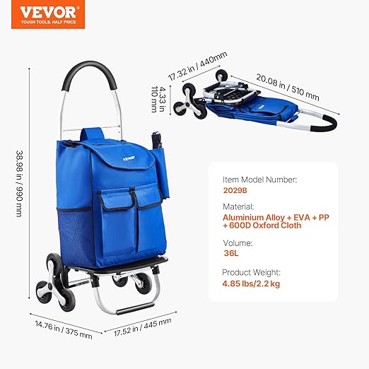 VEVOR Stair Climber Cart, 36L Capacity, Grocery Cart Laundry Stair Climbing Handcart with 6 Wheels & Oxford Cloth Bag, Foldable Stair Climber Hand Truck for Grocery Laundry Climbing