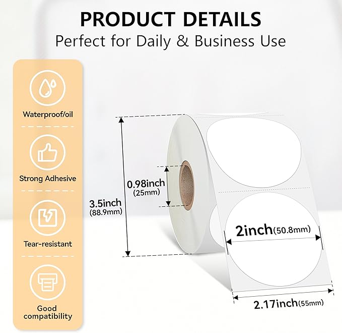 2 inch Dot Stickers Labels Circle Garage Sale Sticker 750Pcs Round Thermal Printer Stickers Printable Writable Price Labels for Yard Sale, White