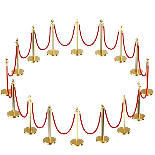 16pcs Sturdy Gold Stanchion Posts and 16pcs High Quality Red Carpet Velvet Ropes, Water/Sand/Concrete Fillable Leakproof Base, Crowd Control Barriers for Birthday, Prom, Business, Wedding