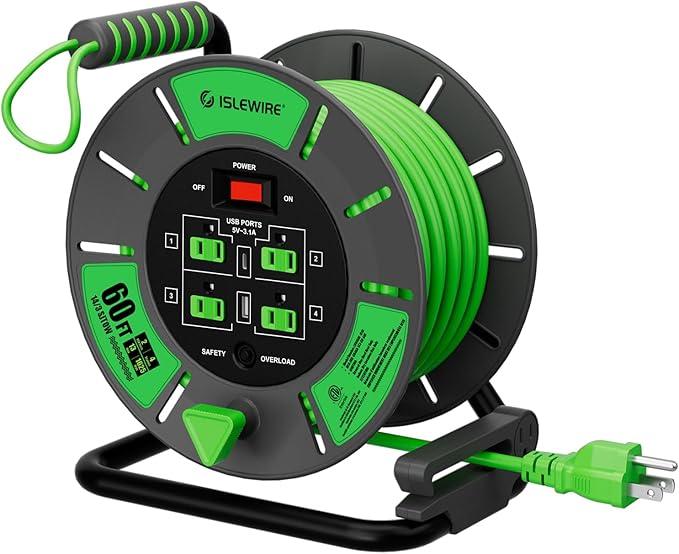 60 FT Retractable Extension Cord Reel, 14AWG SJTOW Heavy Duty Power Cord with 4 Grounded Outlets, USB-A & USB-C Ports, 13A Circuit Breaker, Hand Crank for Indoor Outdoor Use, ETL Listed, Green