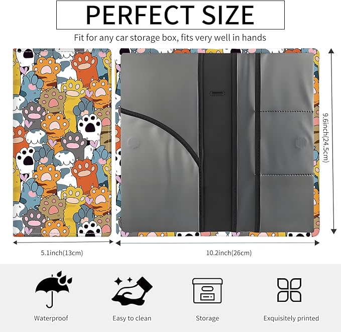 Premium Car Registration and Insurance Card Holder, Cute PU Leather Car Document Holder, Vehicle Glove Box Car Organizer with Magnetic Closure for Driver License, Cards Colorful Paws