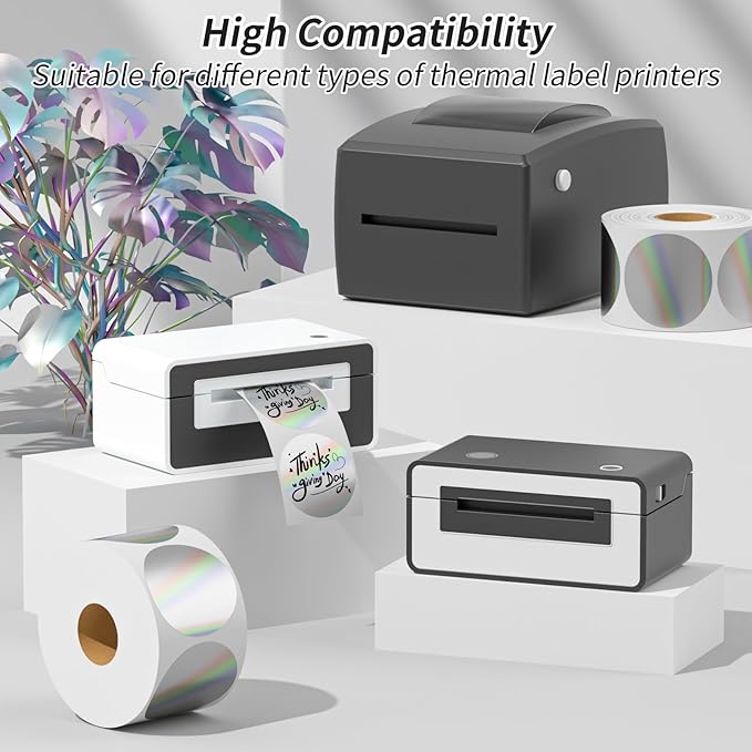 Classy Holographic Circle Thermal Sticker Labels, 2'' Printable Rainbow Round Thermal Labels, Self-Adhesive Thermal Label Stickers for Logo Design- 400 Labels/1 Roll