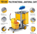 TUFFIOM Multifunctional Janitorial Cart with Key-Locking Cabinet,Cleaning Carts on Wheels,with 15 Gallon Collection Bag,500 lbs Capacity, Yellow&Gray