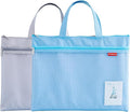 Pendancy Mesh Zipper Pouch 11x13.7 in, 2 pcs Large Double Pocket Waterproof File Bag with Handle, A4 Size Foldable Document Storage for Puzzle Project/Cross Stitch/Travel/Office（Gray Blue）