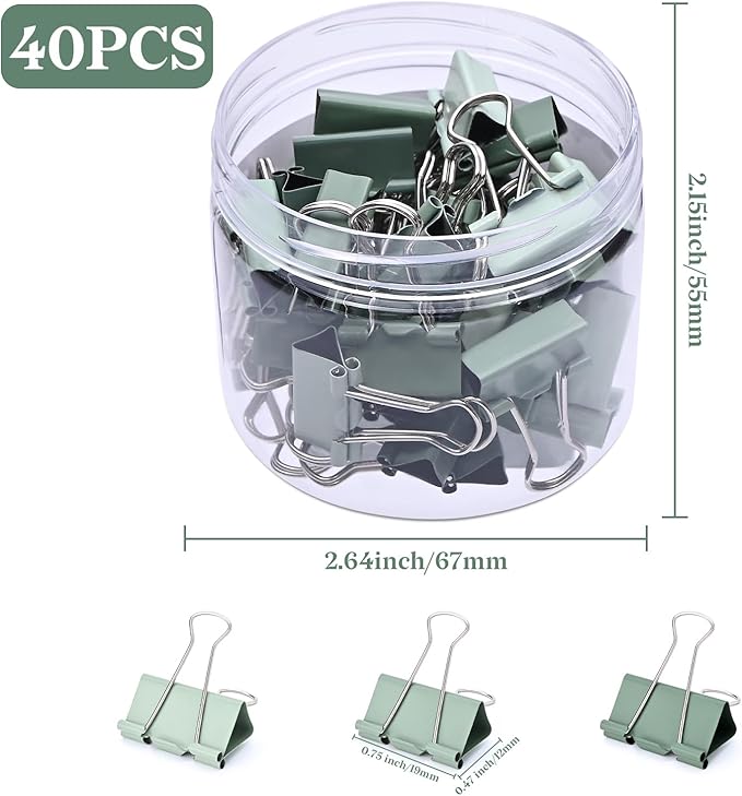 Temiary Aesthetic Binder Clips, 40 Pcs 0.75 Inches Small Metal Binder Clip with Clear Storage Container, Binding Paperwork Clamps for School Teachers Office Supplies (Green)