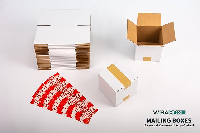 6x6x6 inch White Shipping Boxes, Corrugated Cardboard Small Boxes with Fragile Stickers for Business Mailing, Packing, Moving, Storage, 15 Pack