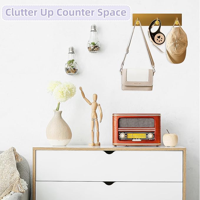 VIS'V Key Holder Wall Mount, Small Metal Self Adhesive Key Hanger with 3 Hooks, No Drilling, Extra Adhesive Strip, Gold
