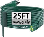 HUANCHAIN Indoor Outdoor Green Extension Cord 25 ft Waterproof, 16/3 Gauge Flexible Cold-Resistant Appliance Extension Cord Outside, 13A 1625W 16AWG SJTW, 3 Prong Electric Cable, ETL