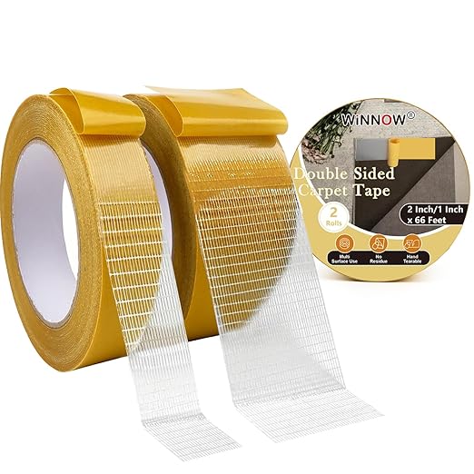 WINNOW Heavy Duty Double Sided Rug Tape 1 Inch / 2 Inch x 66 Feet – Carpet Tape Gripper for Wood, Tile & Carpet, Non‑Slip, Strong Hold, Removable, 2 Rolls
