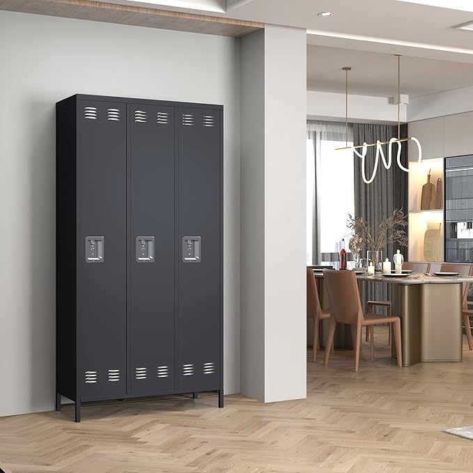 Metal Storage Locker, 72" inch Tall Employee Locker with 3 Doors for Employees School Hospital Garage Gym Home Office with Hooks Requires Assembly (Dark Gray)