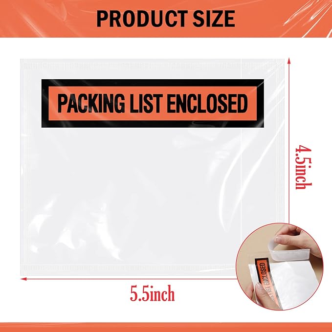1000 Pcs Packing Slip Envelope Pouches Clear Self Adhesive Shipping Label Sleeves Waterproof Packing List Envelopes Pockets Top Loading Shipping Pouches Enclosed Bags (Orange,4.5"x 5.5")