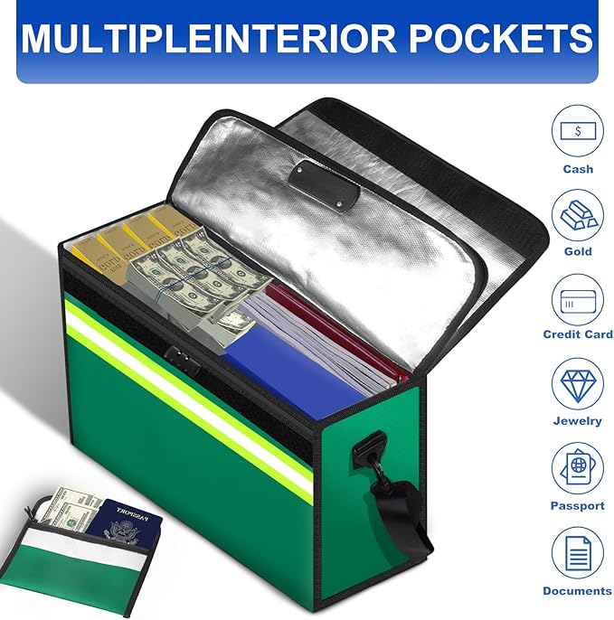 File Organizer Bag with Removable Folder Layers/Wallet,6500°F Fireproof Document Organizer with Lock&Reflective Strip,Portable Home Travel Safe Storage Box for Important Documents(14.1x9.5x4.2 inches)