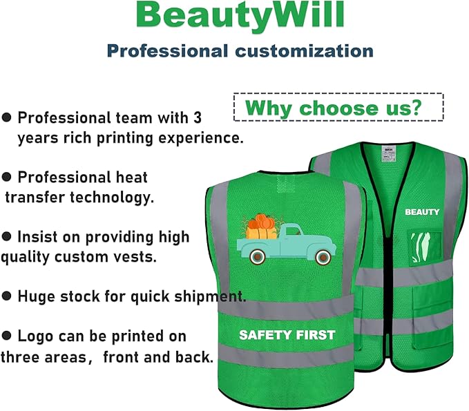 BeautyWill Mesh Safety Vest 1 pcs Customize Logo Class 2 High Visibility Reflective Vest with Pockets Construction Security Work Vest