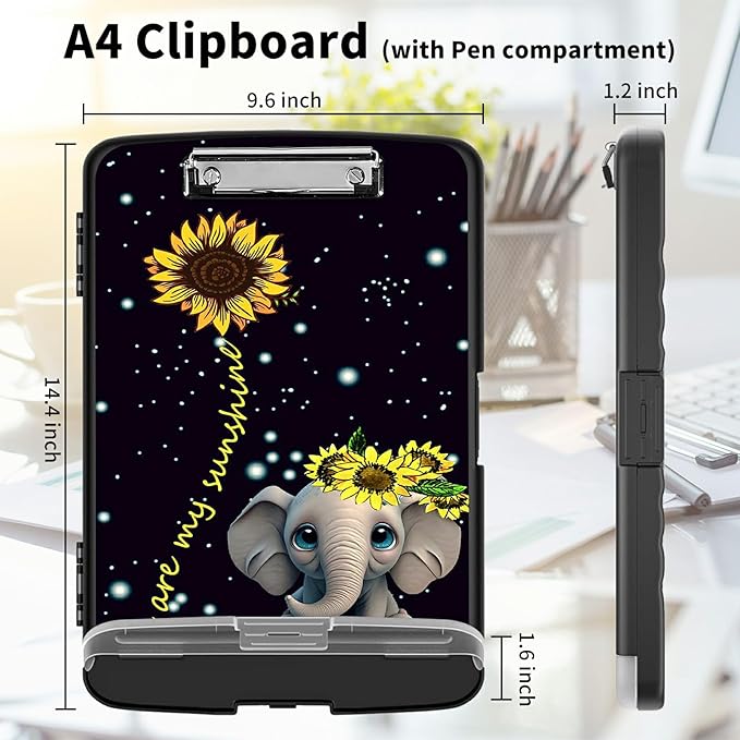 Clipboard with Storage High Capacity Plastic Nursing Clipboards with Pen Holder File Folder Storage Box Clipboard with Heavy Duty Clips for Teacher,Doctor,Offices-Elephant Sunflower