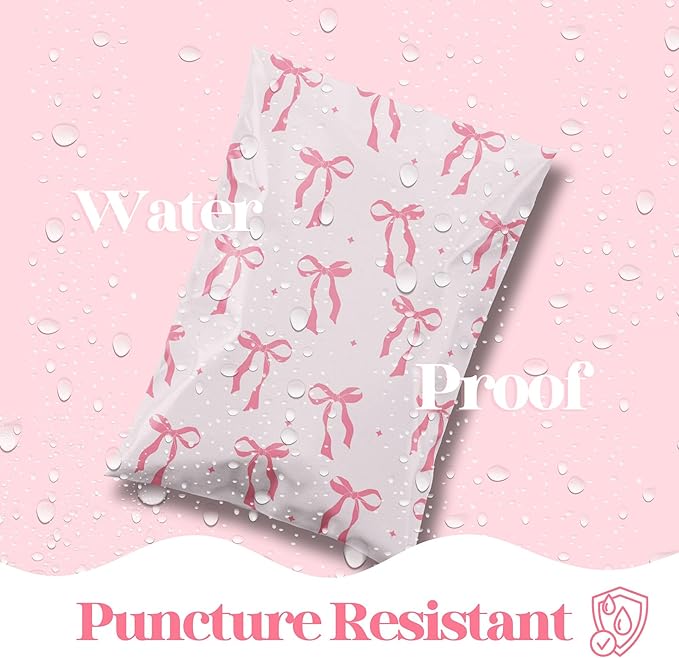 10x13 Designer Poly Mailer 100 Pack Heavy Duty Waterproof Self Seal Shipping Bags for Small Business Large Mailing Envelopes Bulk Tear Resistant Packaging Pink Bows Coquette