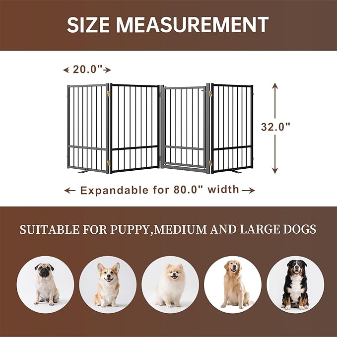 4 Panels Full Metal Freestanding Dog Gates with Door, 80” W x 32” H Folding Pet Gate Fence with Support Feet for Indoor,Stairs, Hallways and Doorways(Black)