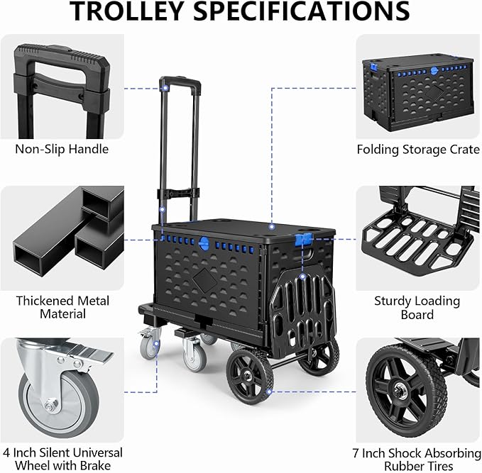 KEDSUM 4-in-1 Convertible Hand Truck Dolly with Folding Crate, 600LBS Heavy Duty Dolly Cart with Wheels, Adjustable Handle & Caster Wheels, Shopping Cart for Groceries, Packages, Collapsible